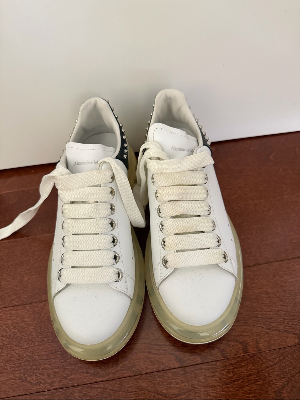 Alexander McQueen White Leather Platform Sneakers with Black Studded Heel